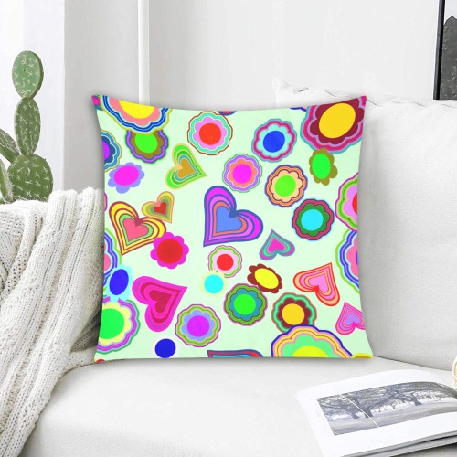 Groovy Hearts Flowers Pattern Green Custom Zippered Pillow Cases 18"x18" (Two Sides)