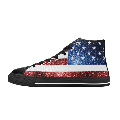 Sparkly USA flag America Red White Blue faux Sparkles patriotic bling 4th of July High Top Canvas Shoes for Kid (Model 017)