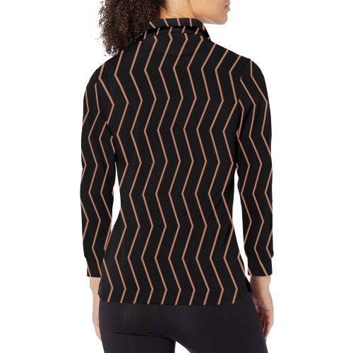 Black tan brown chevron vertical lines pattern Women's Long Sleeve Polo Shirt (Model T73)
