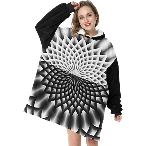 Lotus Flower Mandala Black Grey White Blanket Hoodie for Women