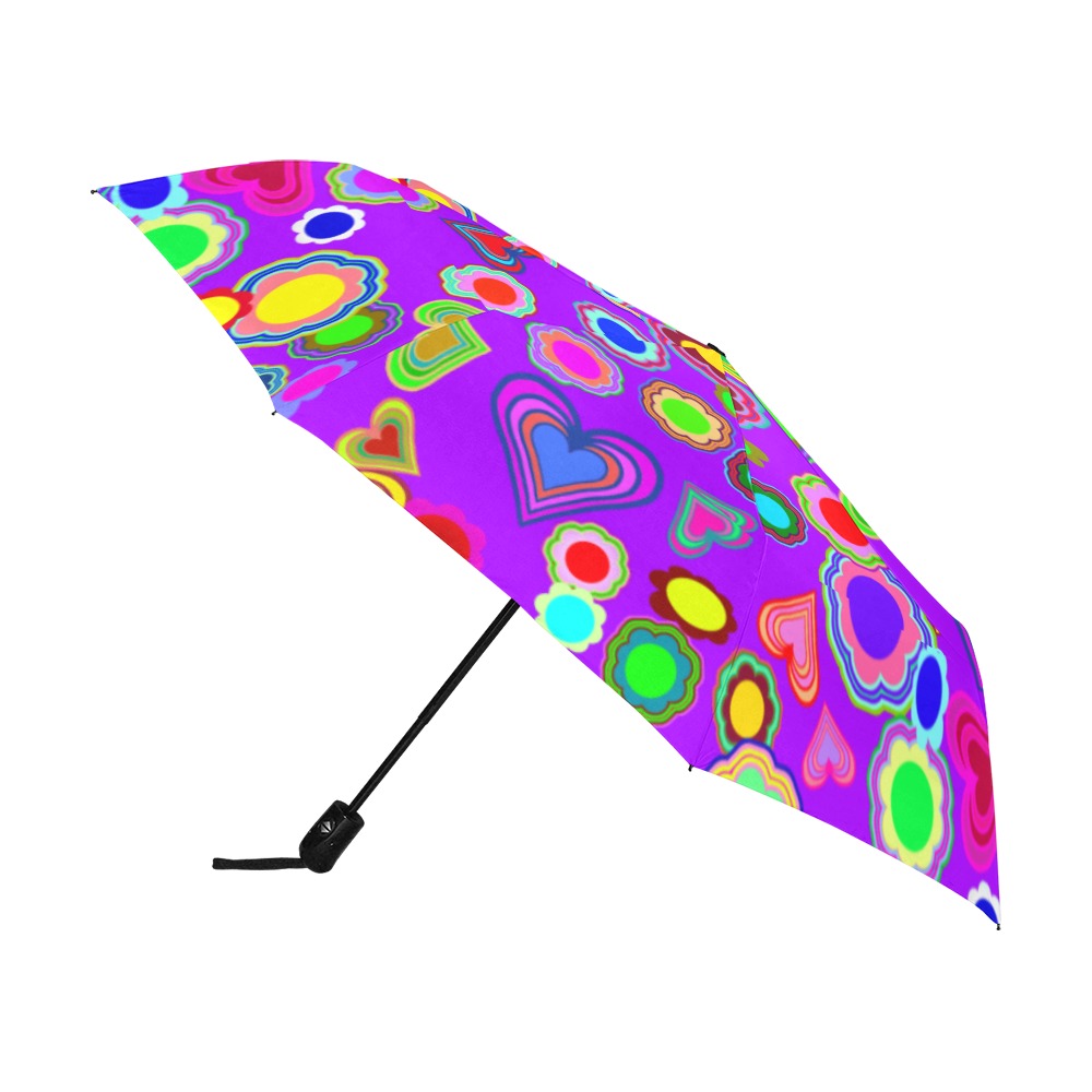 Groovy Hearts and Flowers Purple Anti-UV Auto-Foldable Umbrella (U09)