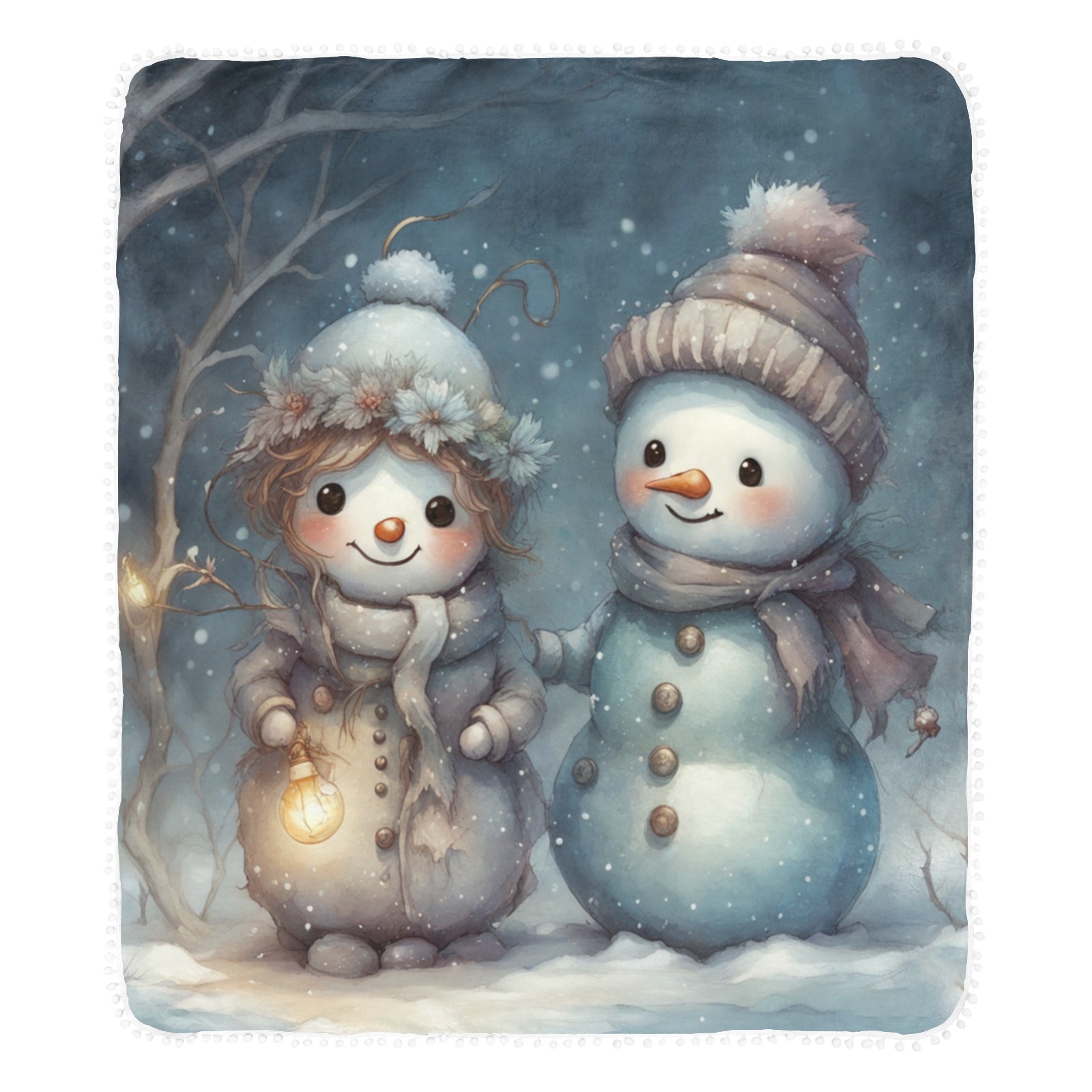 Snowman Couple Pom Pom Fringe Blanket 60"x80"