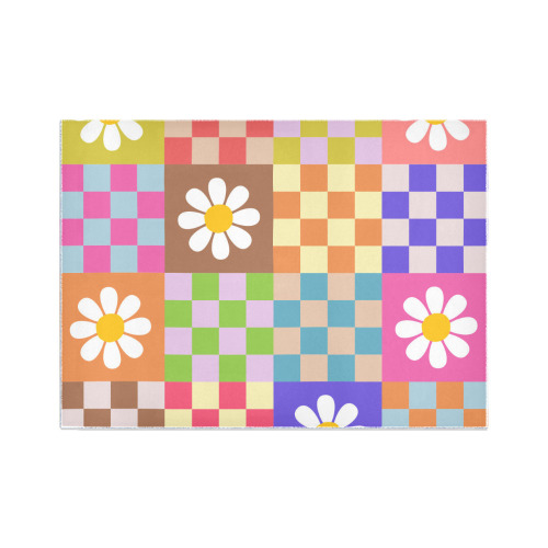 Mid Century Geometric Checkered Retro Floral Daisy Flower Pattern Area Rug7'x5'