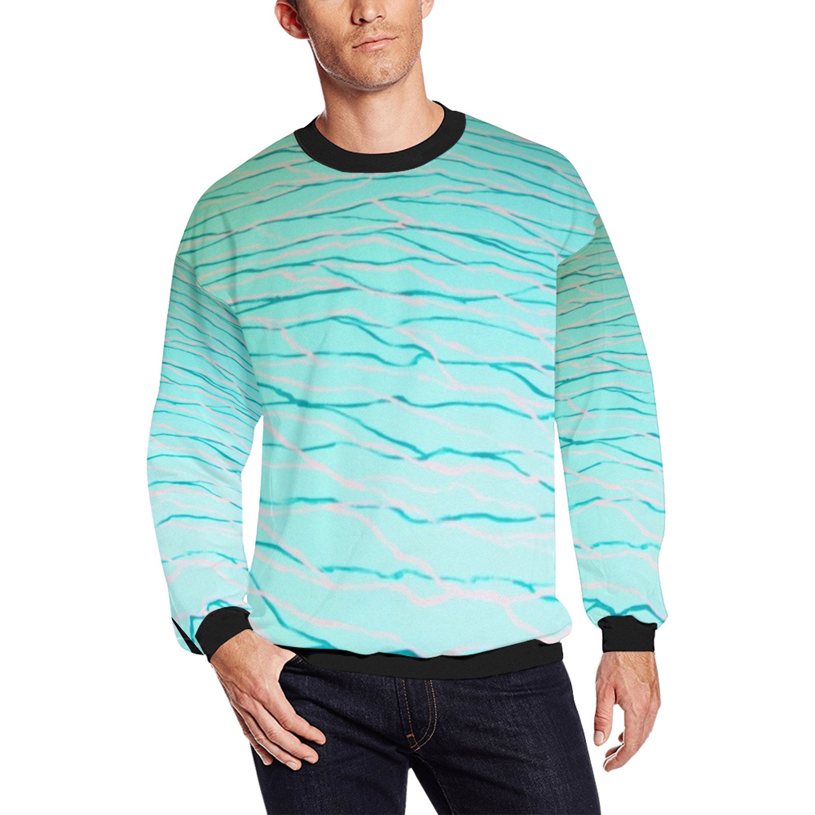 Aquamarine Blue-Blk collar & cuff Men's Oversized Fleece Crew Sweatshirt (Model H18)