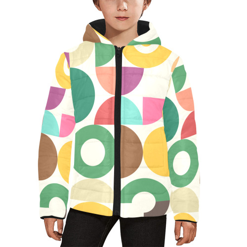 Retro Semi Circle Bauhaus Textile Pattern Kids' Padded Hooded Jacket (Model H45)