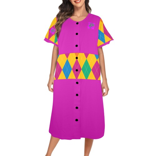 DIONIO Clothing - Women's Pink & Yellow Button Front House Dress (Pink D-Shield Logo) Women's Button Front House Dress