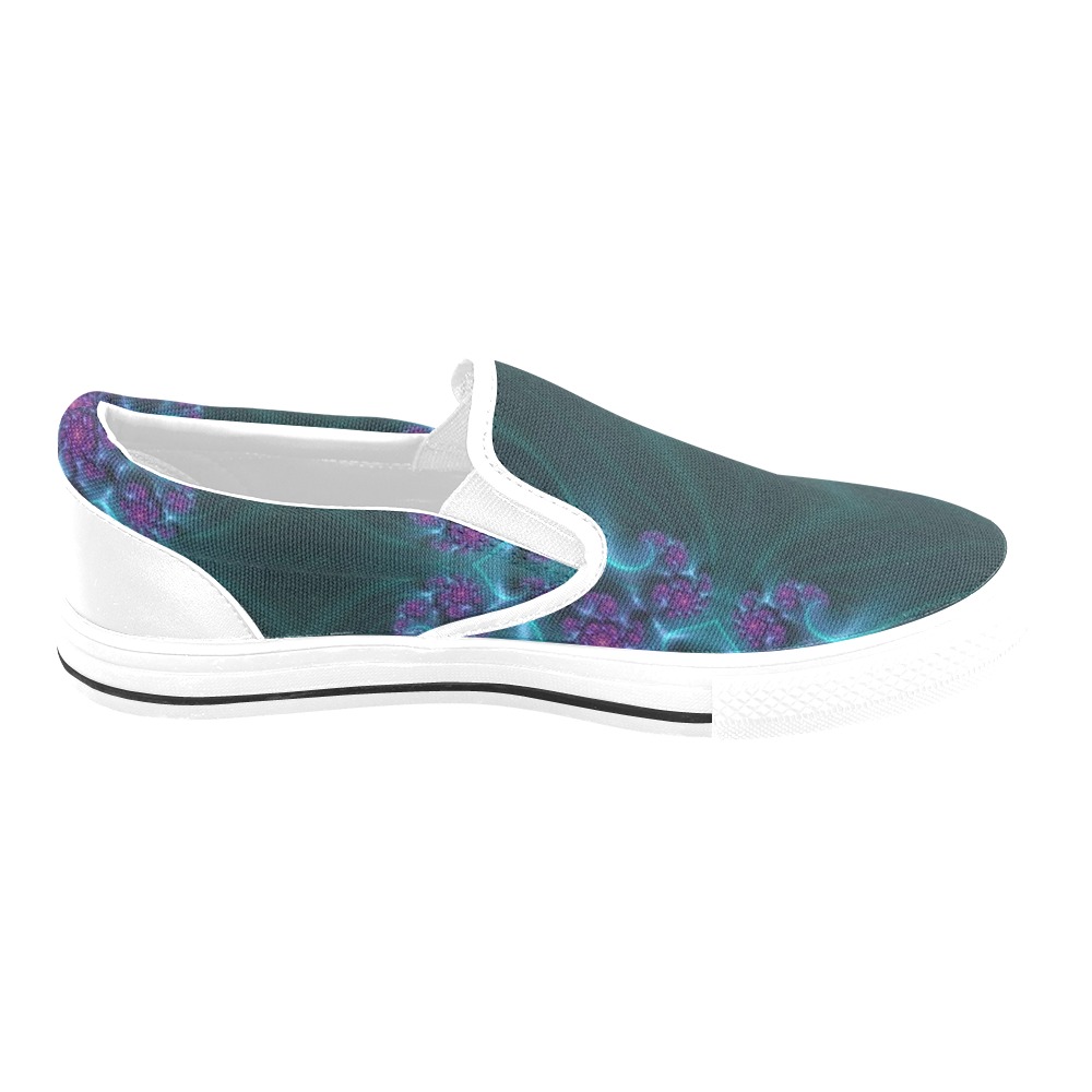 0-Turquoise and Purple Flowers and Seedheads Fractal Abstract Women's Slip-on Canvas Shoes (Model 019)
