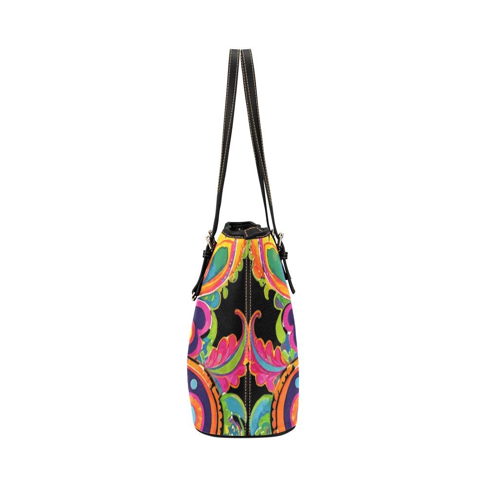 Abstract Retro Hippie Paisley Floral Leather Tote Bag/Small (Model 1651)