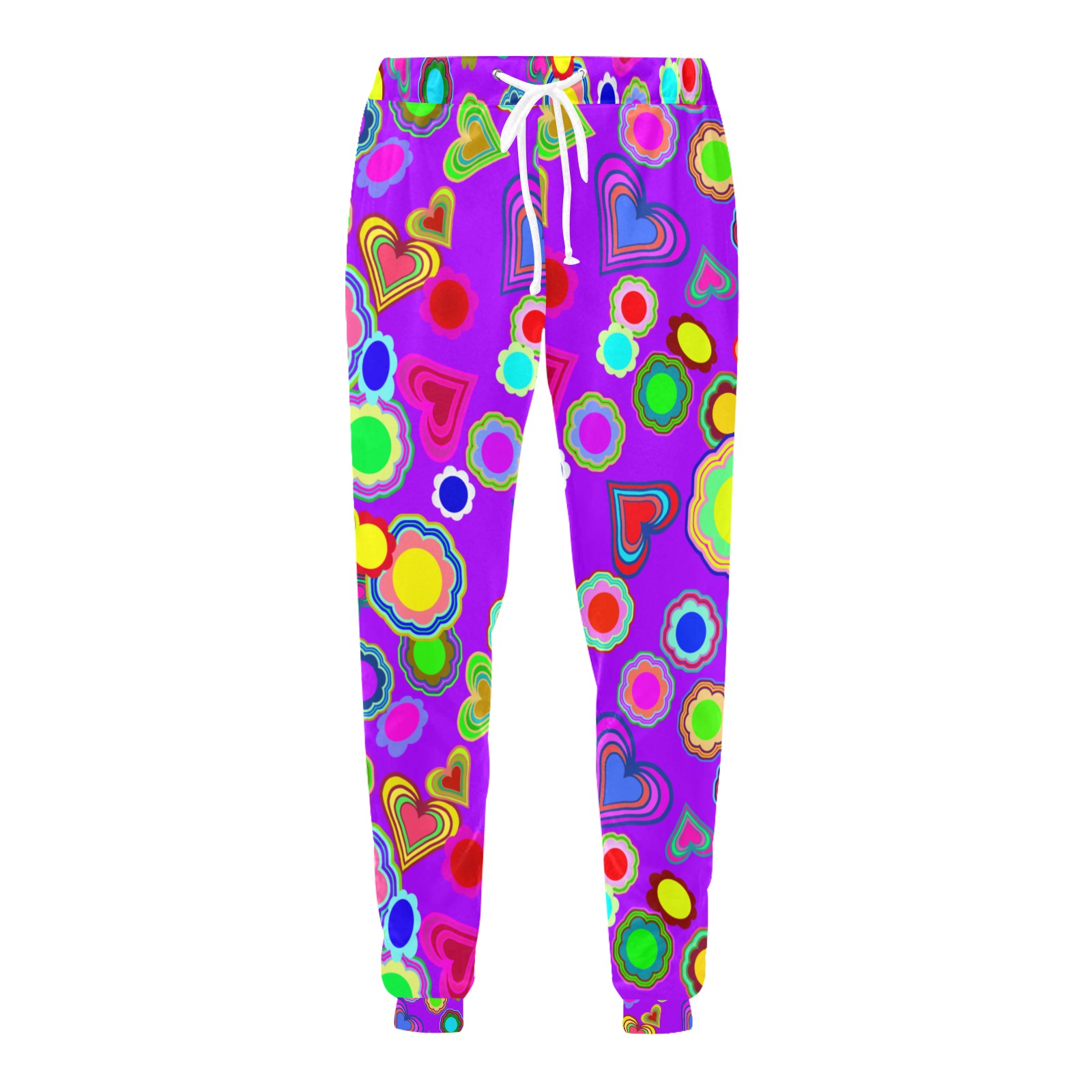 Groovy Hearts and Flowers Purple Unisex Casual Sweatpants (Model L11)