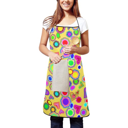 Groovy Hearts and Flowers Yellow Women's Overlock Apron with Pocket