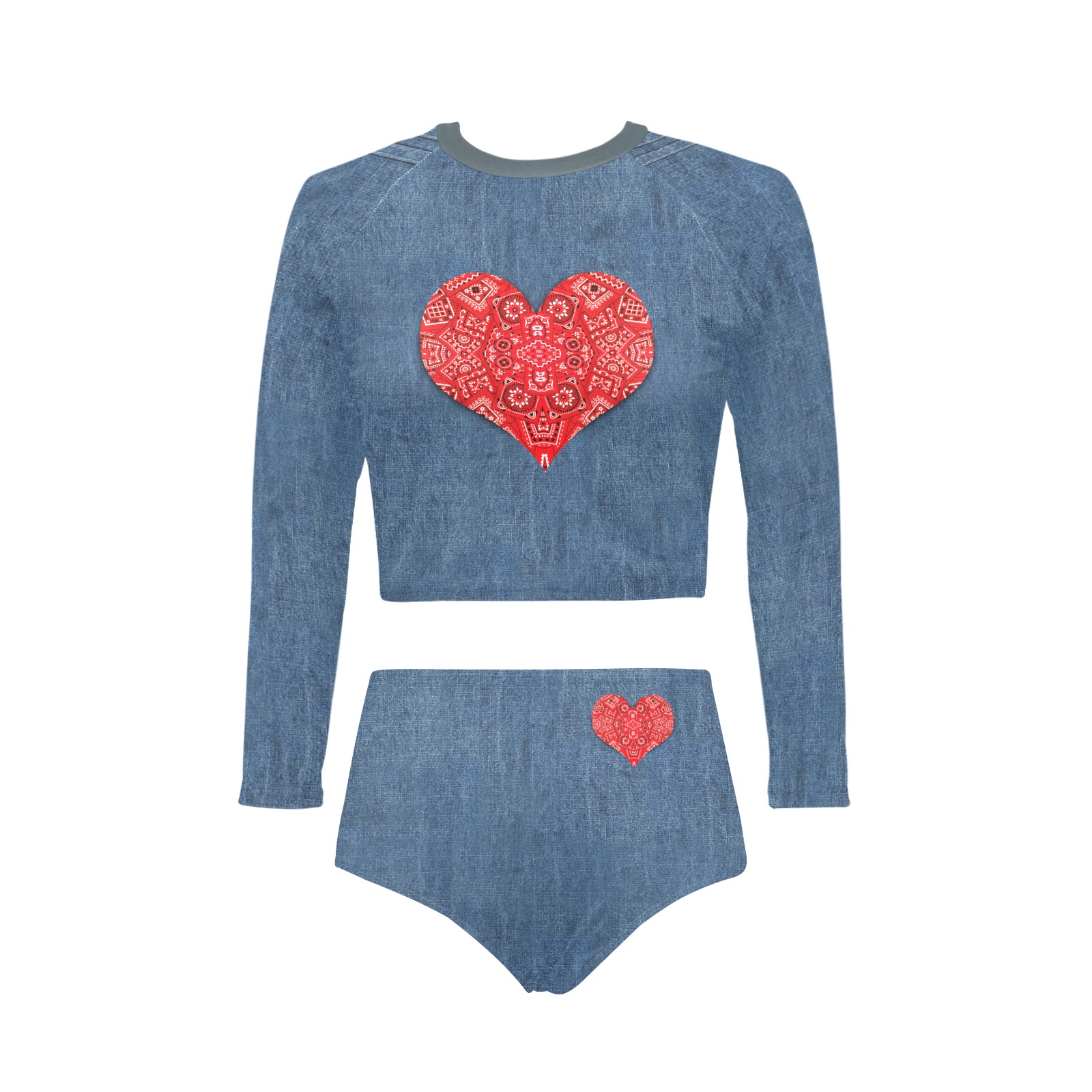 Bandana Heart on Denim-Look Long Sleeve Bikini Set (Model S27)