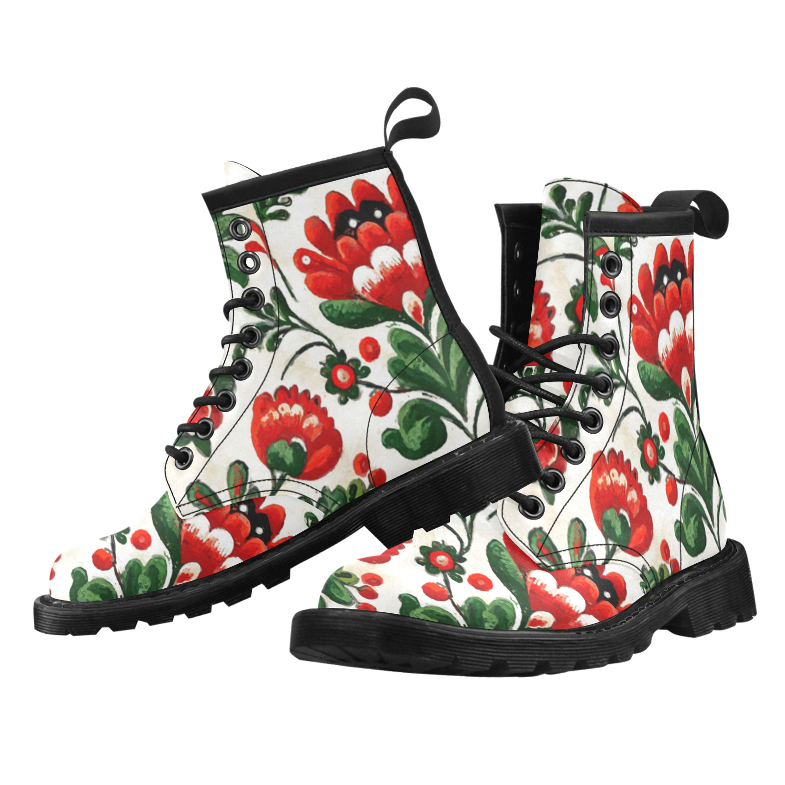 folklore motifs red flowers Women's PU Leather Martin Boots (Model 402H)