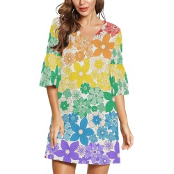 Rainbow Gay Pride Floral Half Sleeves V-Neck Mini Dress (Model D63)