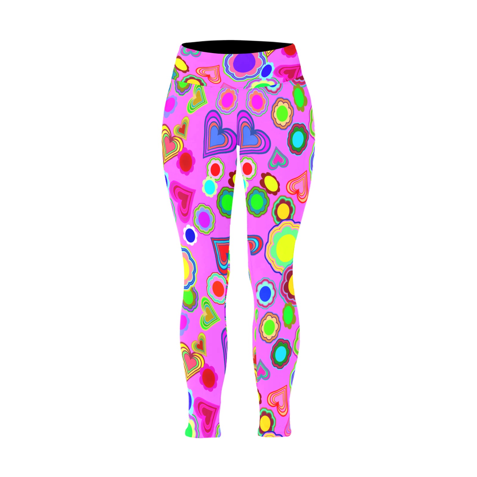 Groovy Hearts and Flowers Pink Women's Plus Size High Waist Leggings (Model L44)