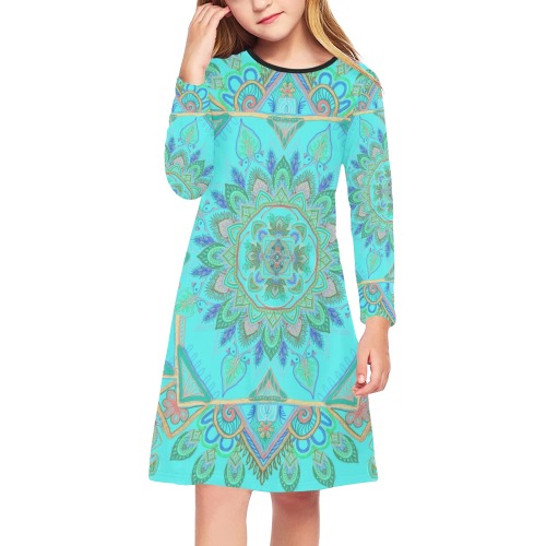 gamba turquoise Girls' Long Sleeve Dress (Model D59)
