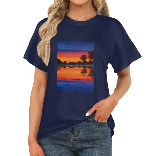 Dramatic Lake Sunset Women's Dark Blue T-Shirt