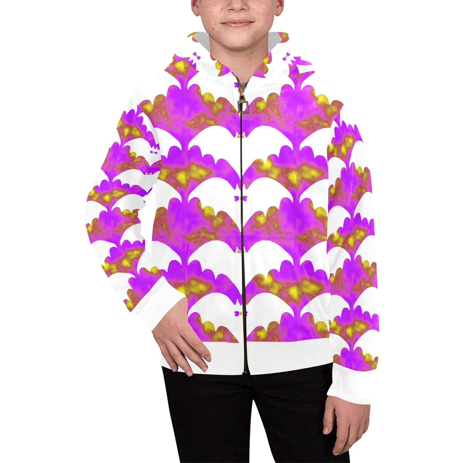 White Bats And Bows Pink Yellow Kids' All Over Print Full Zip Hoodie (Model H39)
