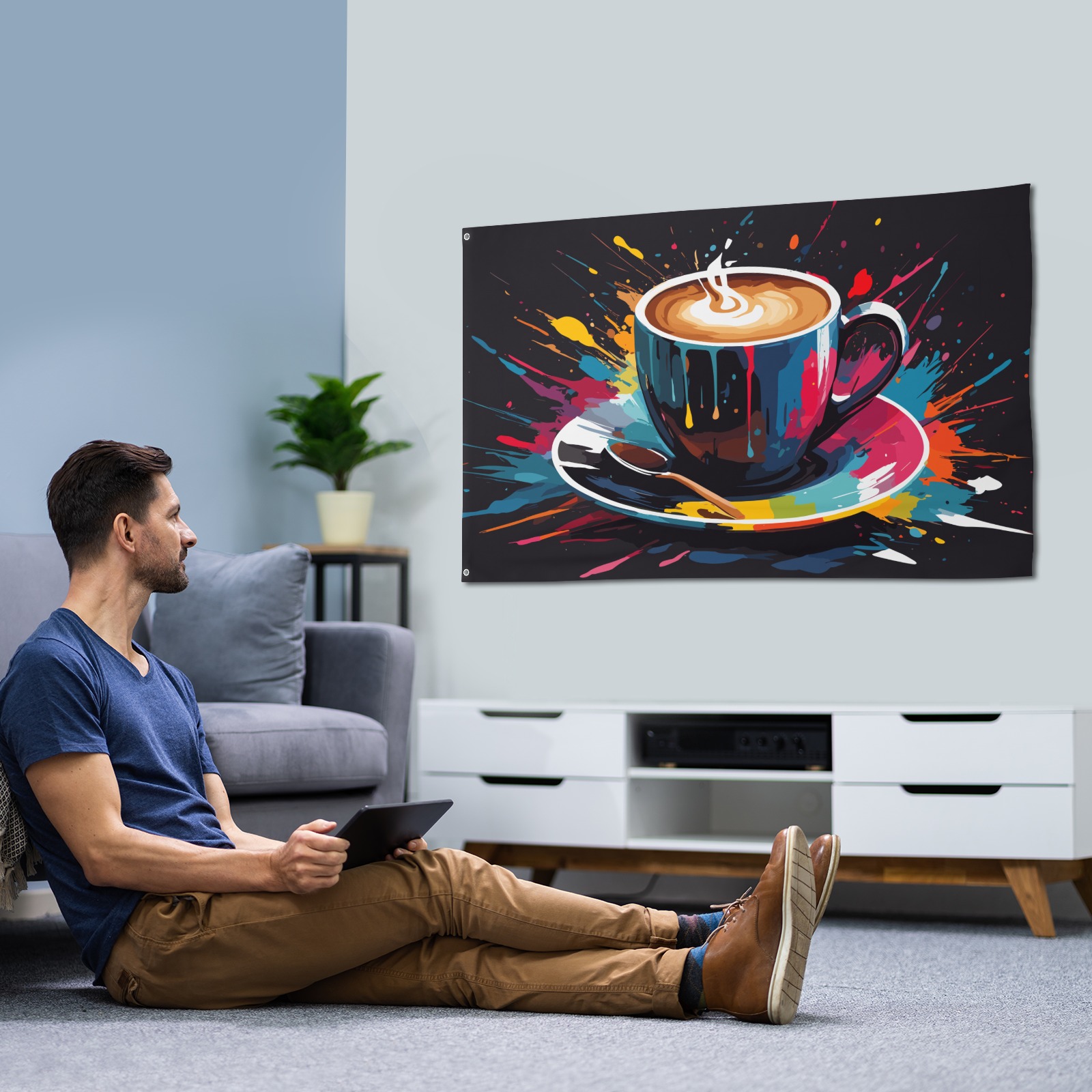 A cup of hot steaming coffee and colors on black House Flag 56"x34.5"