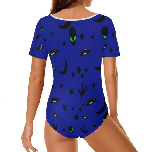 Aliens and Spaceships on Blue Women's Short Sleeve Bodysuit