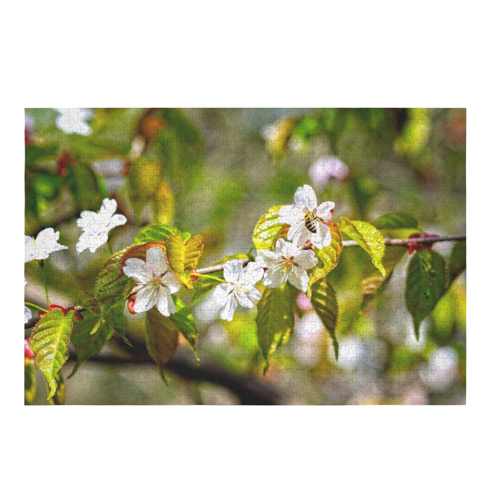 Small bee on a sakura flowers on a sunny day. 1000-Piece Wooden Jigsaw Puzzle (Horizontal)