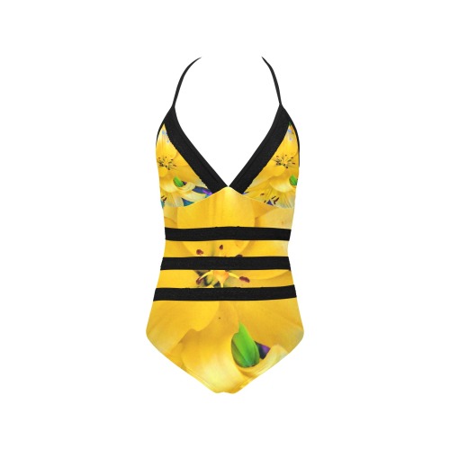 Yellow Lily Lace Band Swimsuit Lace Band Embossing Swimsuit (Model S15)