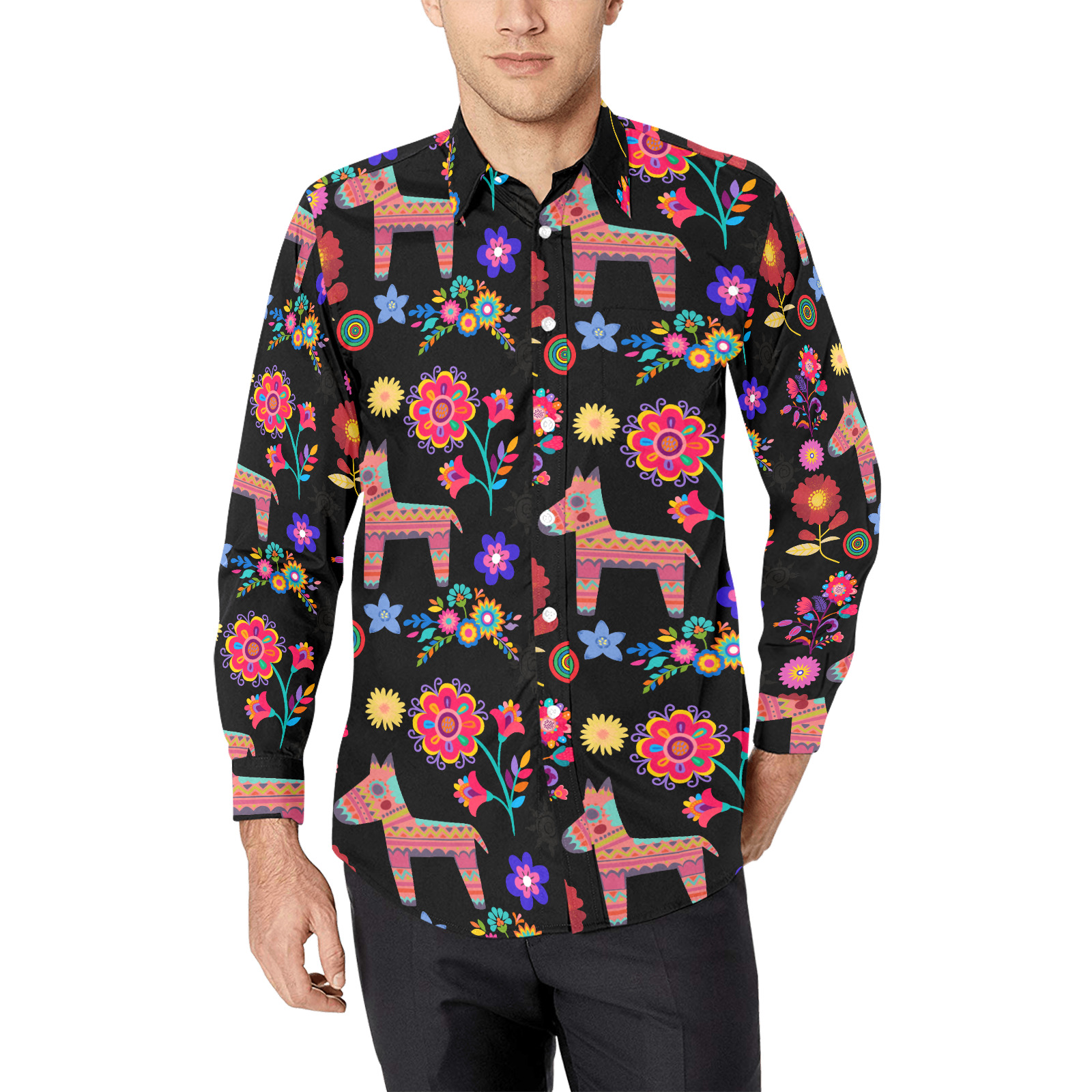 Alpaca Pinata and Flowers Men's All Over Print Casual Dress Shirt (Model T61)