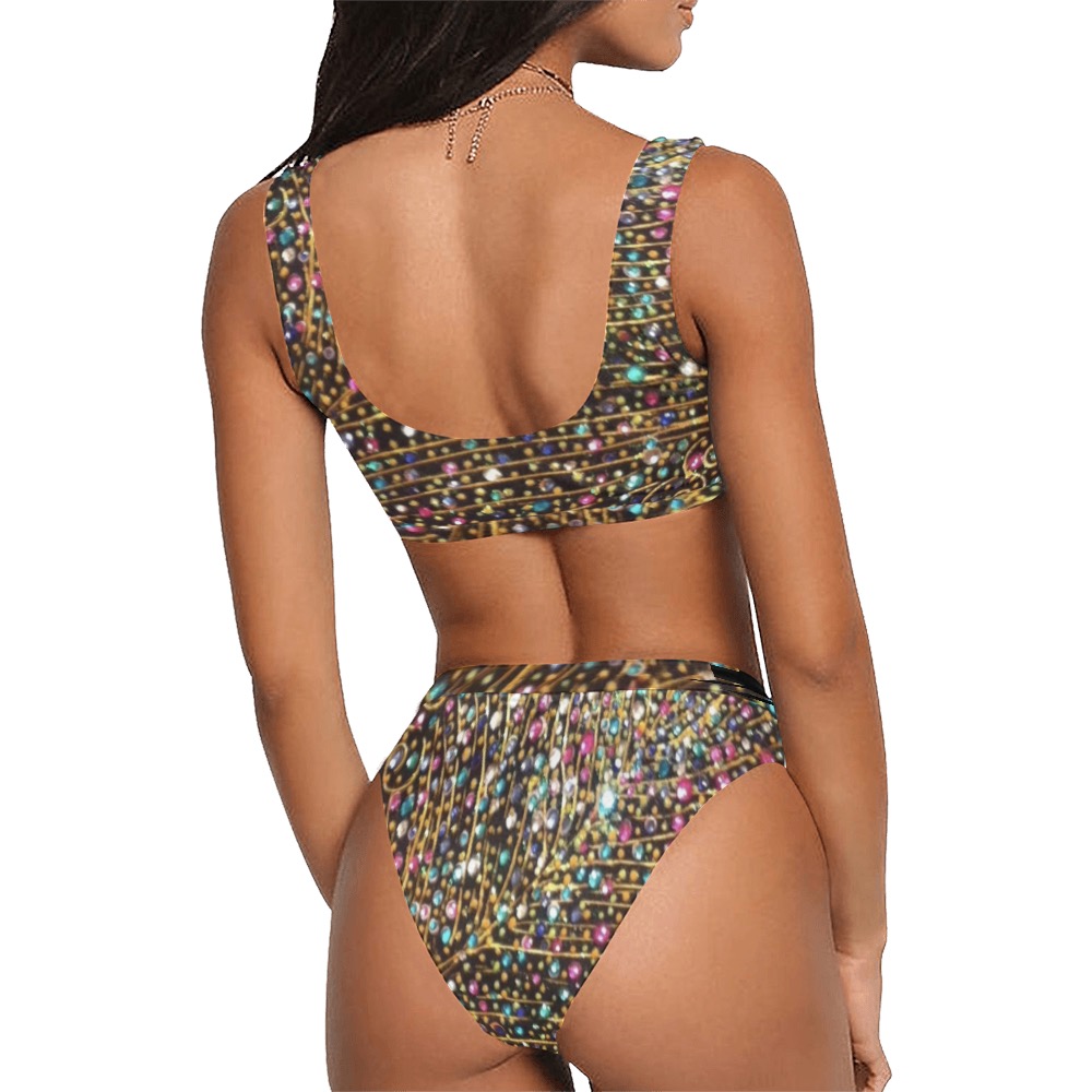 Sparkle-silver Sport Top & High-Waisted Bikini Swimsuit (Model S07)