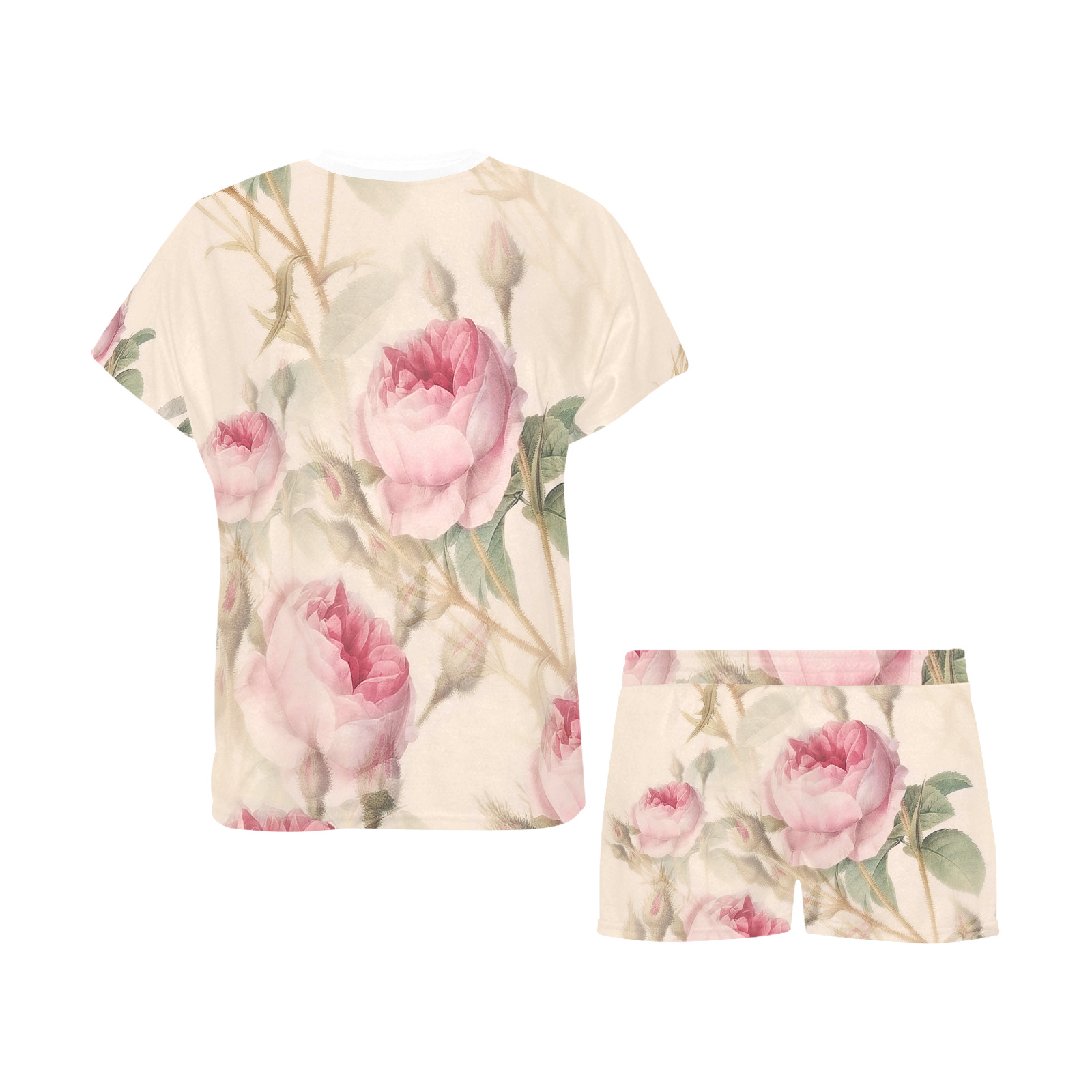 Vintage Pink Rose Garden Pattern Women's Short Pajama Set