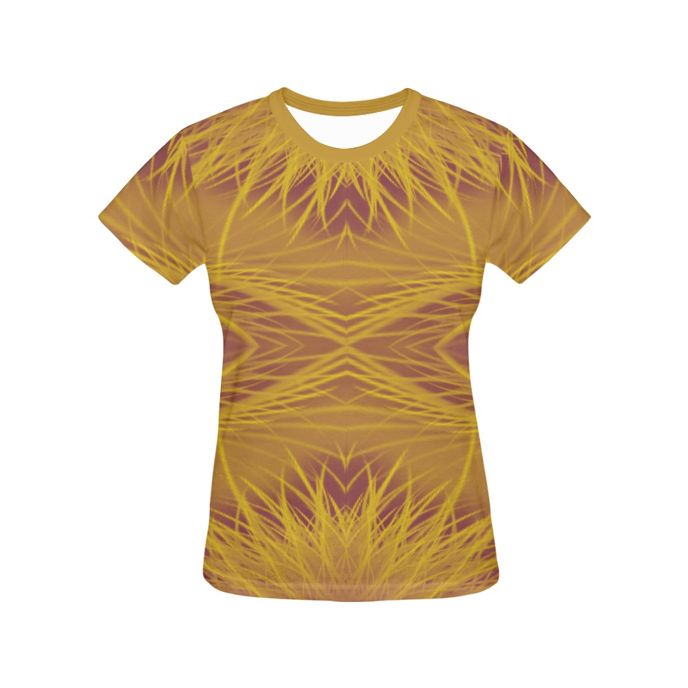 Ô Tickle Me with a Purple and Gold Feather All Over Print T-Shirt for Women (USA Size) (Model T40)