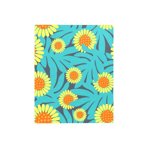Yellow and Teal Paradise Jungle Flowers and Leaves Quilt 40"x50"