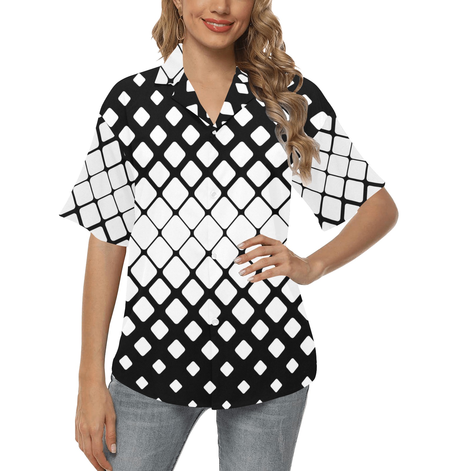 BLACK AND WHITE PATTERN All Over Print Hawaiian Shirt for Women (Model T58)