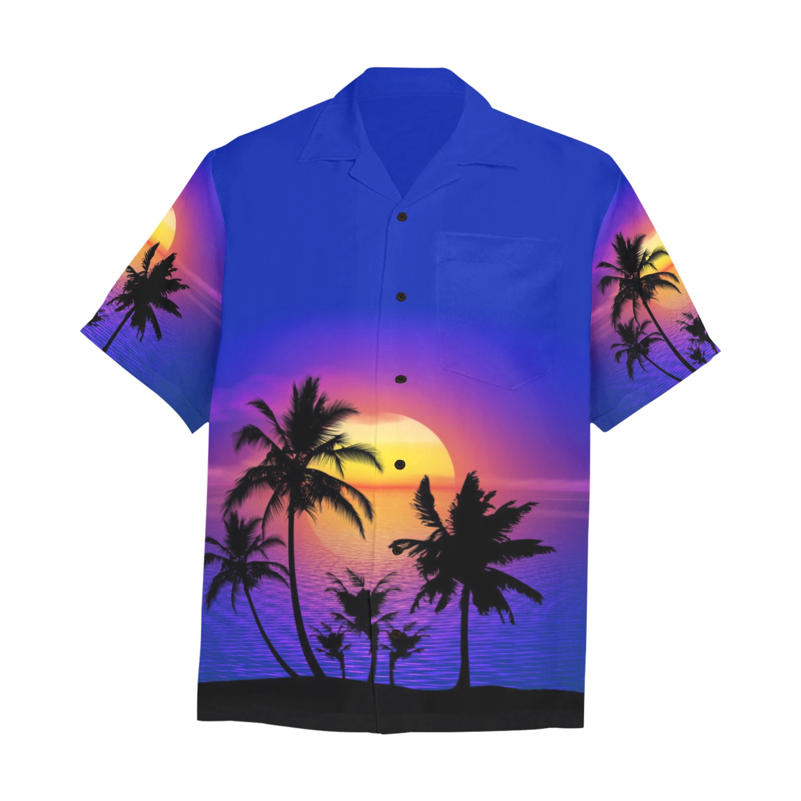 Tropical Sunset Palm Trees Hawaiian Shirt with Chest Pocket&Merged Design (T58)