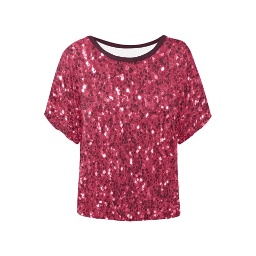 Magenta dark pink red faux sparkles glitter Women's Batwing-Sleeved Blouse T shirt (Model T44)