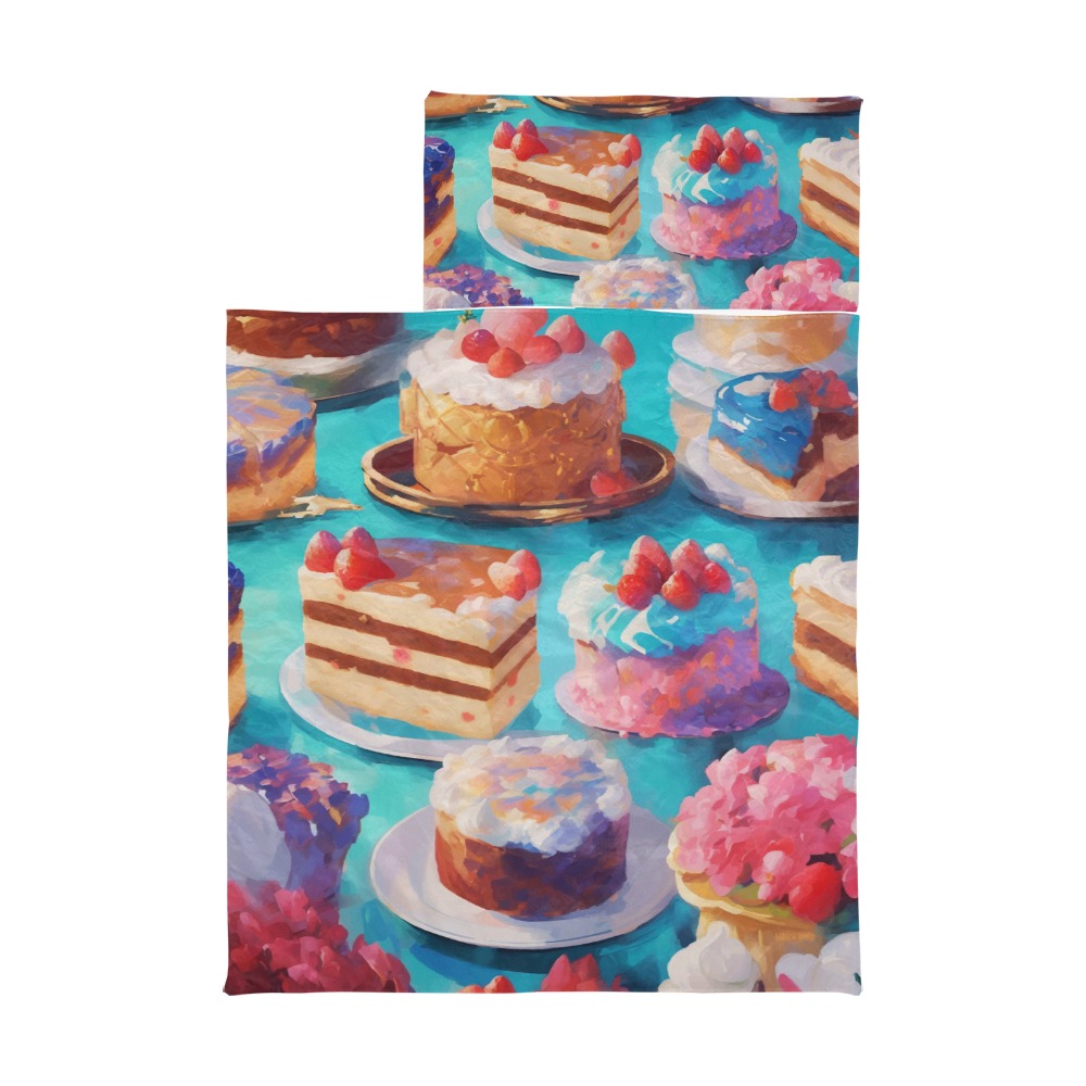 Variety of yummy cakes on a table. Sweet desserts. Kids' Sleeping Bag