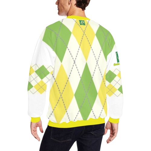 DIONIO Clothing - Argyle White ,Green & Yellow Diamond Sweatshirt (Green D-Shield Logo) Men's Oversized Fleece Crew Sweatshirt (Model H18)