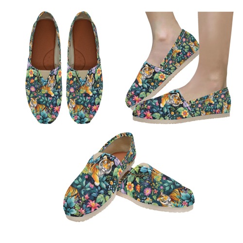 Jungle Tigers and Tropical Flowers Pattern Women's Classic Canvas Slip-On (Model 1206)
