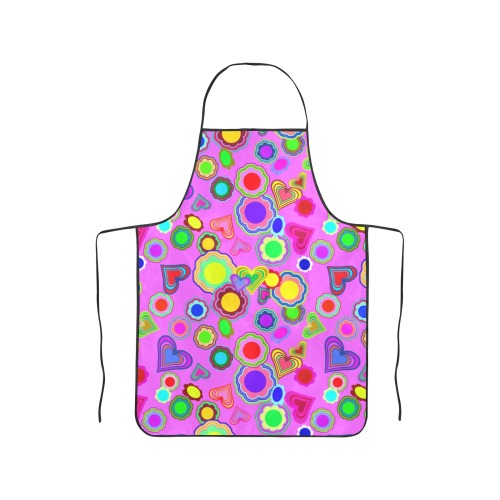 Groovy Hearts and Flowers Pink Women's Overlock Apron with Pocket