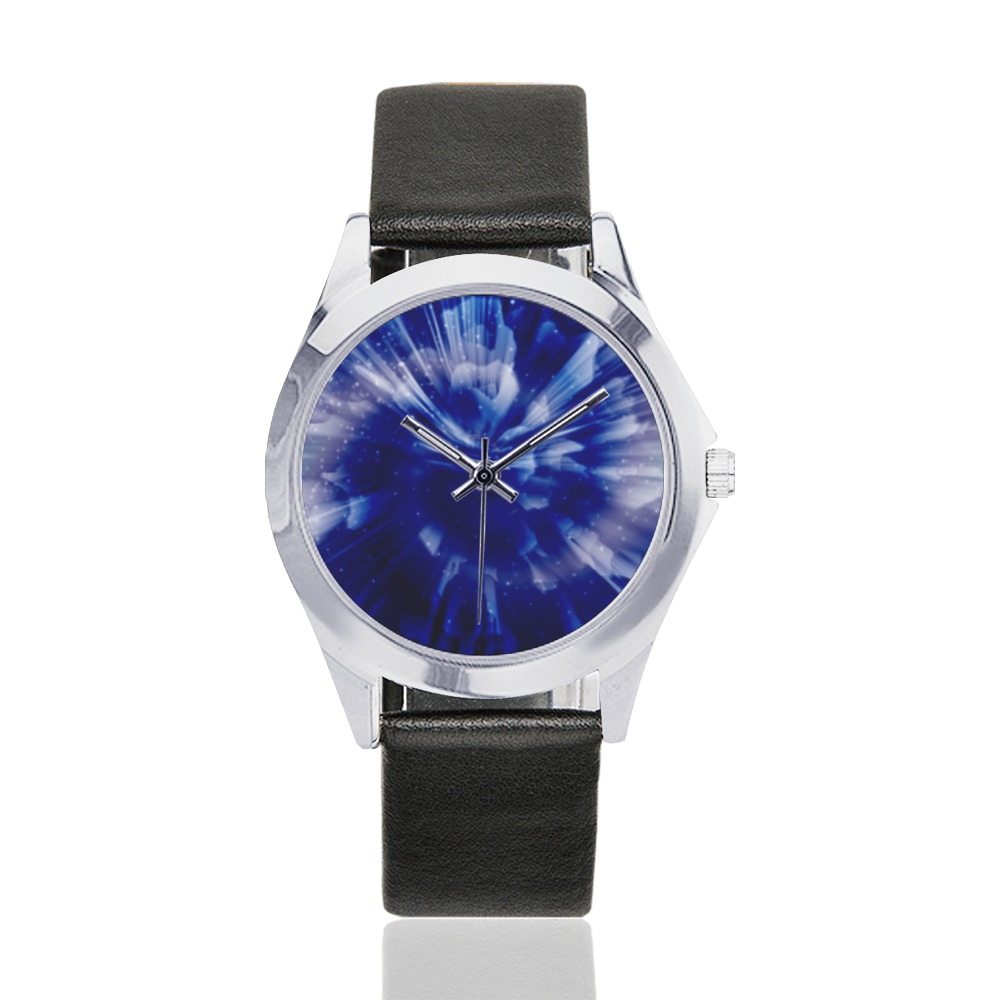Shattering blue vortex Unisex Silver-Tone Round Leather Watch (Model 216)