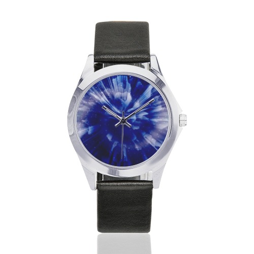 Shattering blue vortex Unisex Silver-Tone Round Leather Watch (Model 216)