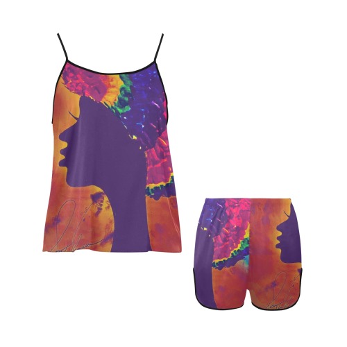 Rainbow Afro Woman Women's Spaghetti Strap Short Pajama Set