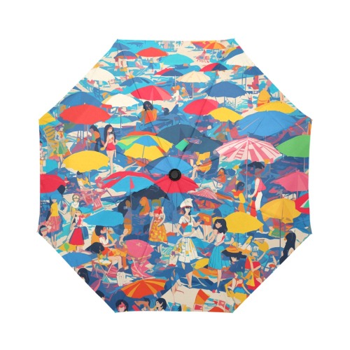 Funny abstract art of a beach, umbrellas, women. Auto-Foldable Umbrella (Model U04)