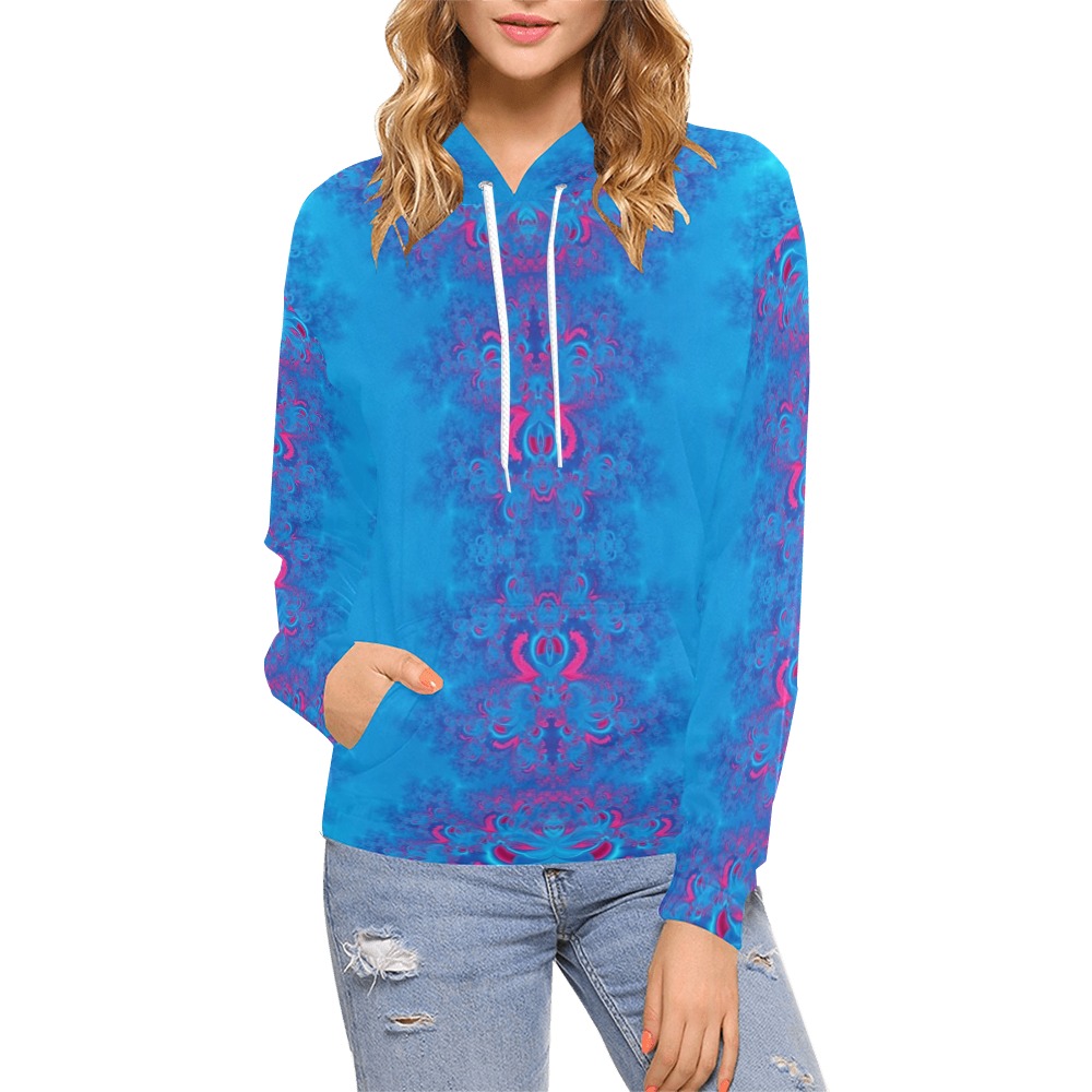 Blue Flowers on the Ocean Frost Fractal All Over Print Hoodie for Women (USA Size) (Model H13)