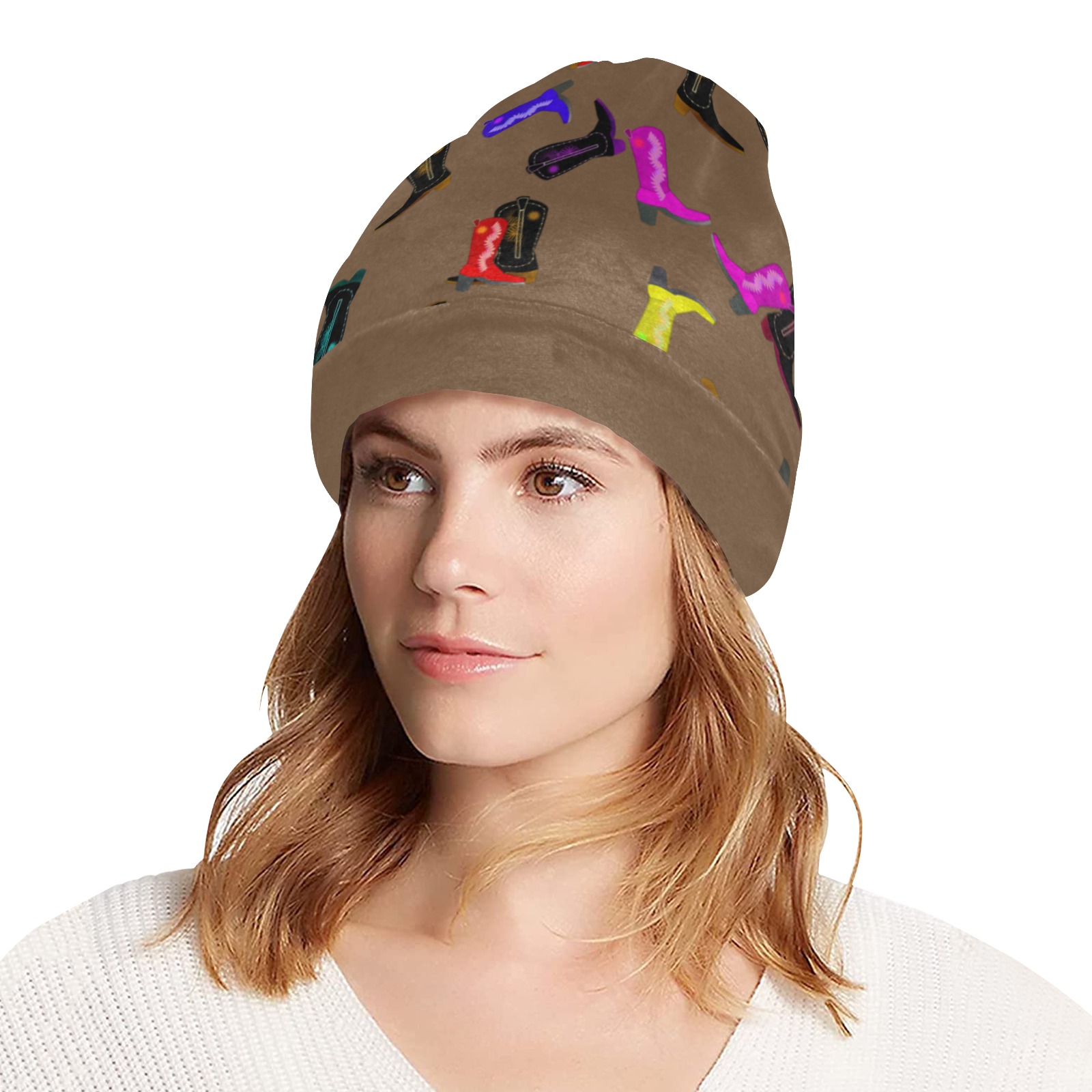 Colorful Cowboy Boots on Brown All Over Print Beanie for Adults