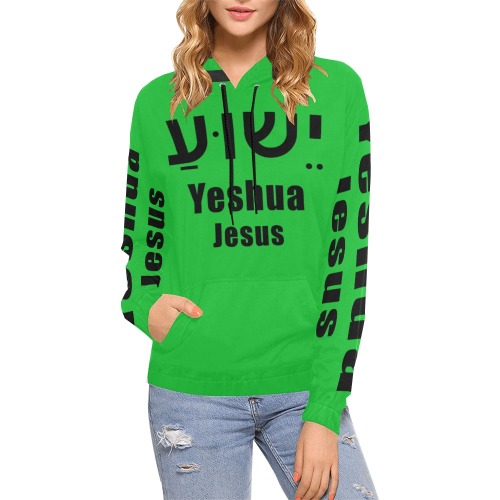 Jesus Hebrew Hoodie Green (Black text) All Over Print Hoodie for Women (USA Size) (Model H13)