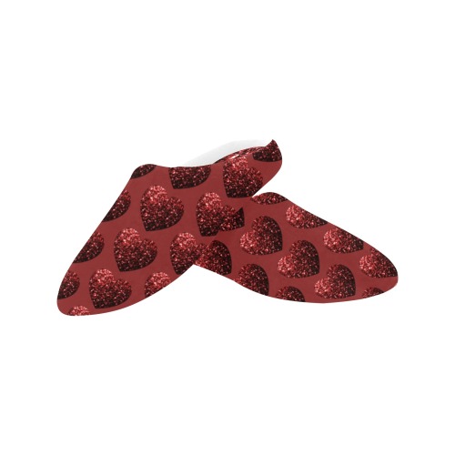 Red sparkles heart faux glitter Valentines Day love pattern Women's Non-Slip Cotton Slippers (Model 0602)