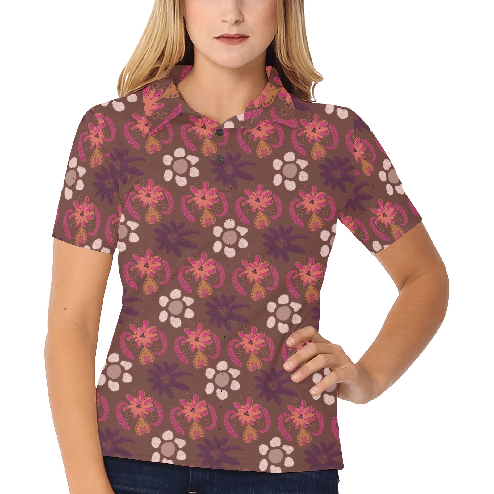 Retro floral Women's All Over Print Polo Shirt (Model T55)