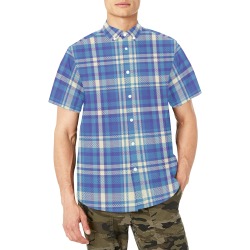Blue Plaid Men's Short Sleeve Shirt with Chest Pocket (Model T53)
