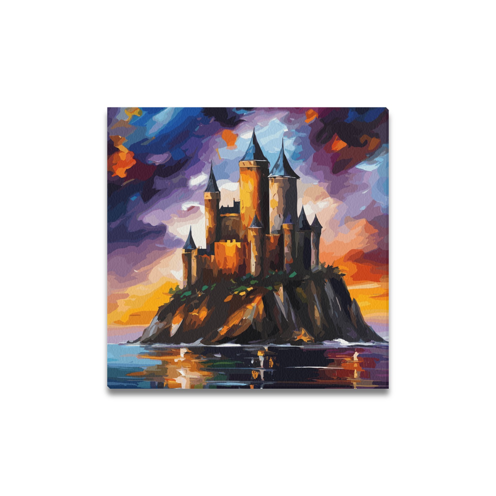 Beautiful fairy tale castle on a small island art. Upgraded Canvas Print 16"x16"