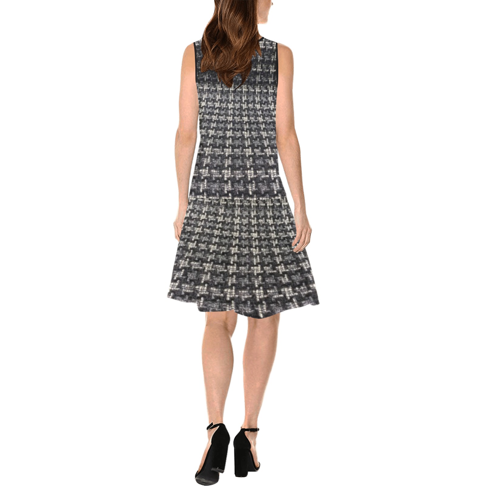 DIONIO Clothing - Ladies Checkered Sleeveless Splicing Shift Dress (Black & Gray) Sleeveless Splicing Shift Dress(Model D17)