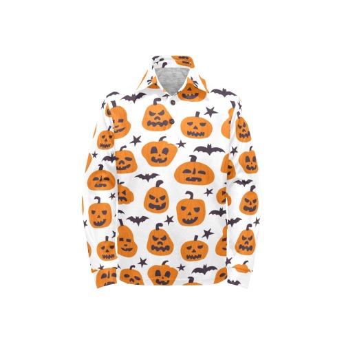 Halloween Pumpkins and Bats Big Girls' All Over Print Long Sleeve Polo Shirt (Model T73)